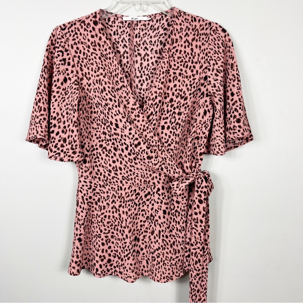 Mi Ami Flutter Sleeve Tie Waist Leopard Print Blouse